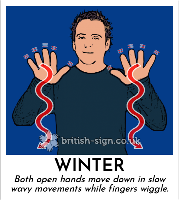 Winter: Both open hands move down in slow wavy movements while fingers wiggle.